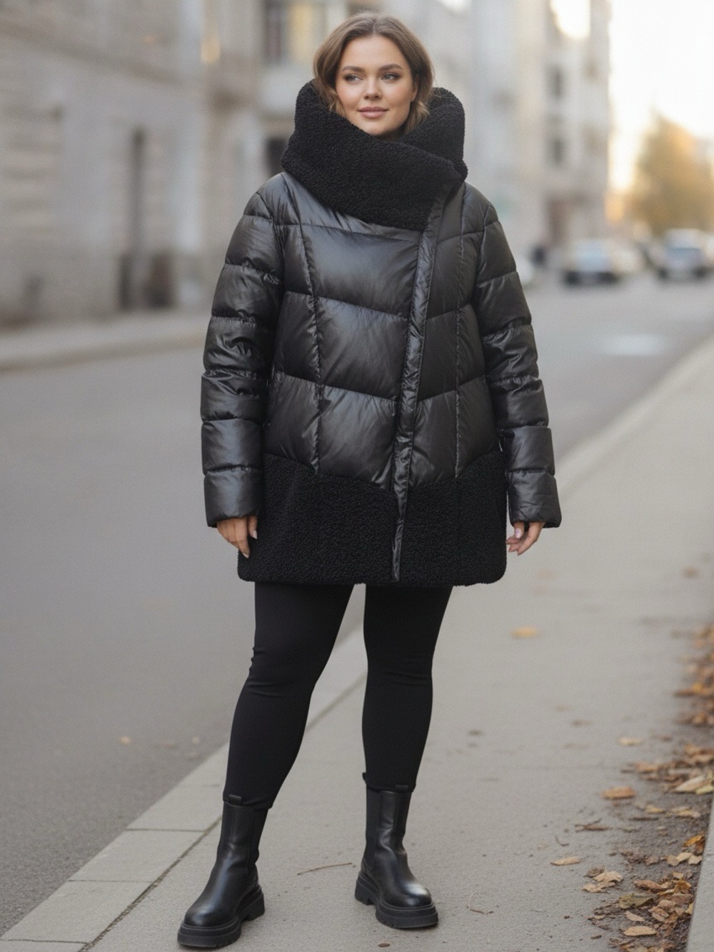 Donna Karan Black Down Puffer Jacket Sherpa Trim Funnel Collar XL Winter Coat